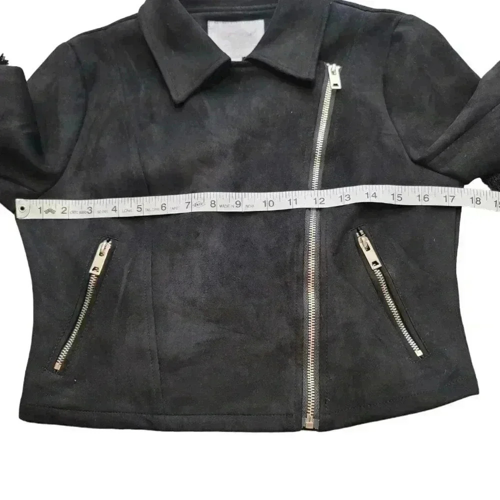 Vera & Lucy Tassel Faux Suede Black Moto Wing Collar Jacket Coat Size M - Picture 10 of 13